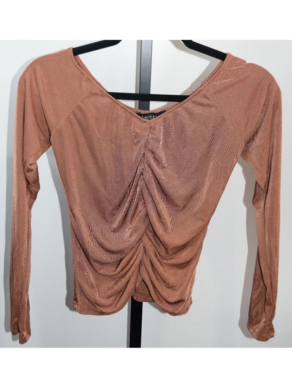 Electrica Brown Long Sleeve Ruched Front Top, Size Large